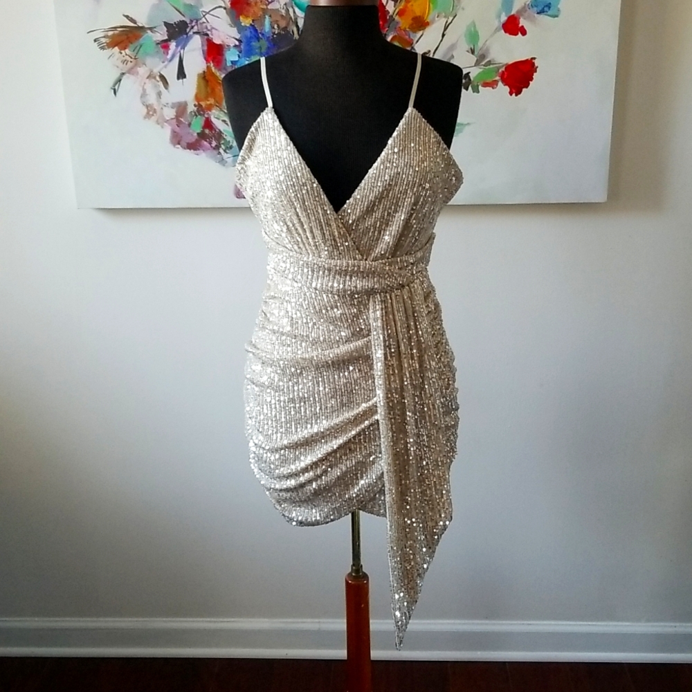 Fashionnova Beige Sequins Dress size Large